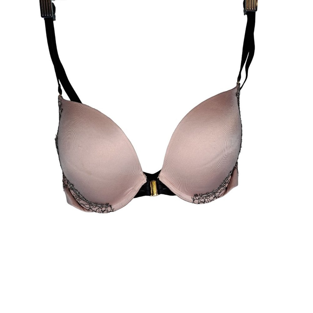 Victoria's Secret 32DD Pink Black Lace Front Closure Very Sexy Push-up Bra